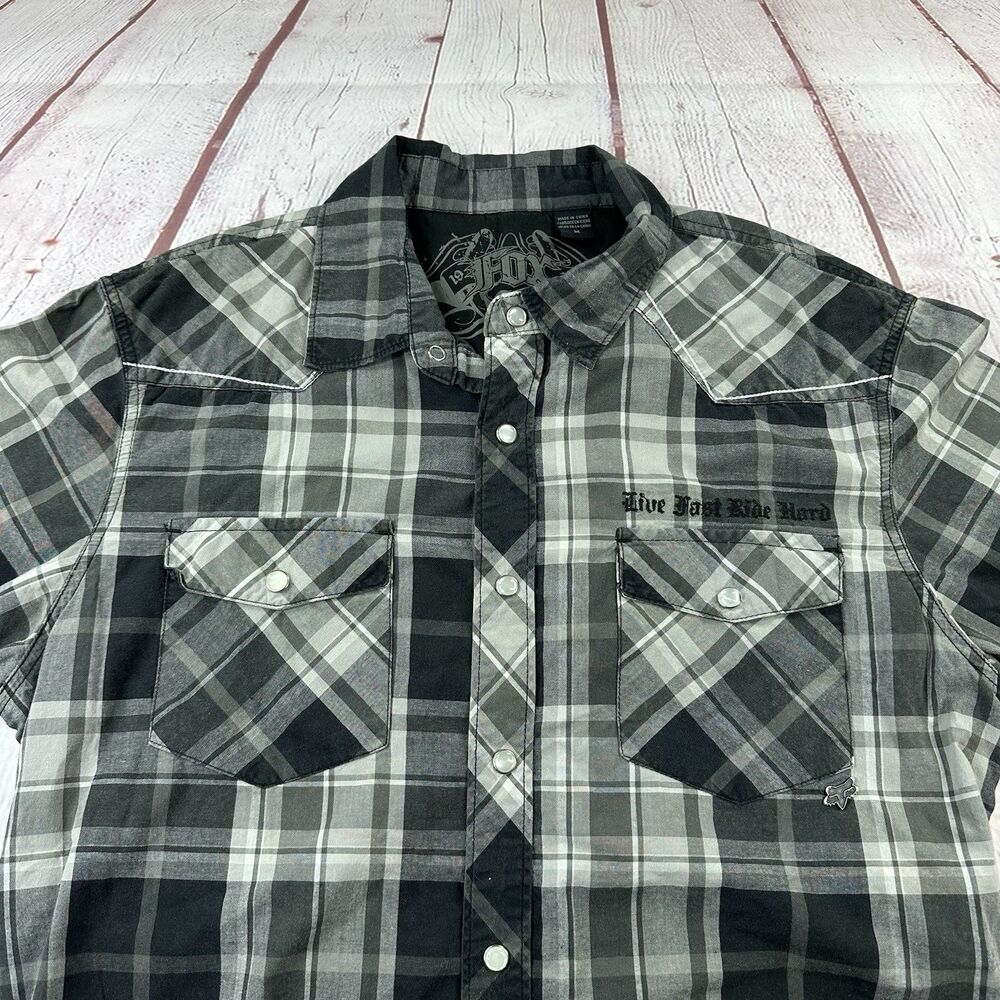 Fox Racing Mens Shirt Medium Gray Plaid Pearl Snap Short Sleeve